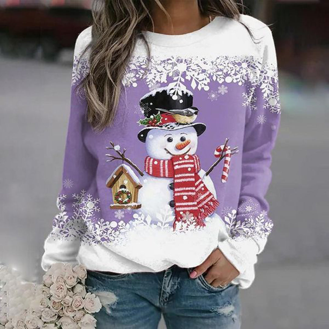 Julesweater dame med snemandsmotiv og snefnugprint, løs pasform og rund hals