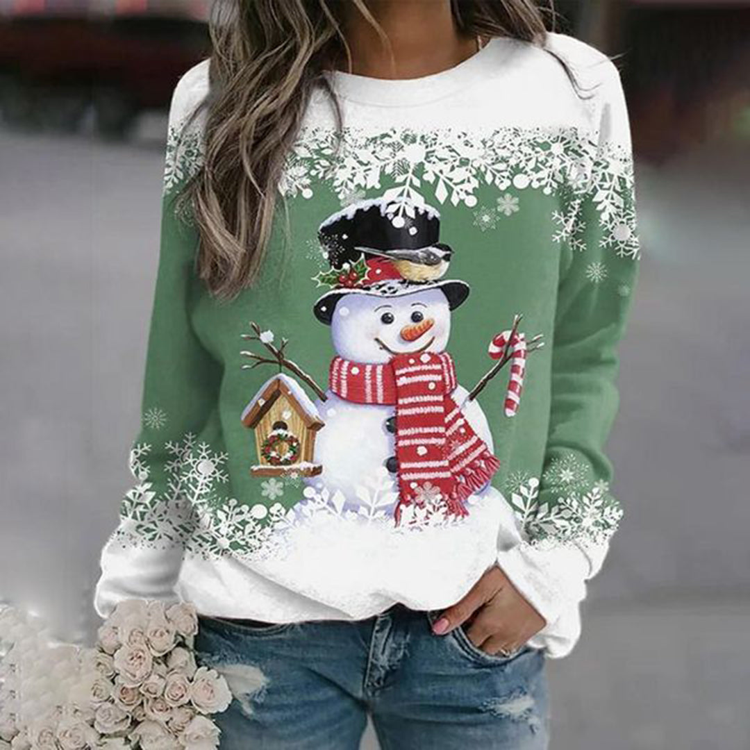 Julesweater dame med snemandsmotiv og snefnugprint, løs pasform og rund hals