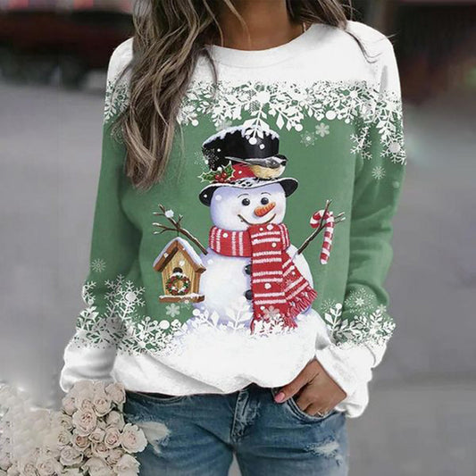 Julesweater dame med snemandsmotiv og snefnugprint, løs pasform og rund hals