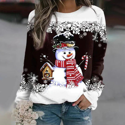 Julesweater dame med snemandsmotiv og snefnugprint, løs pasform og rund hals