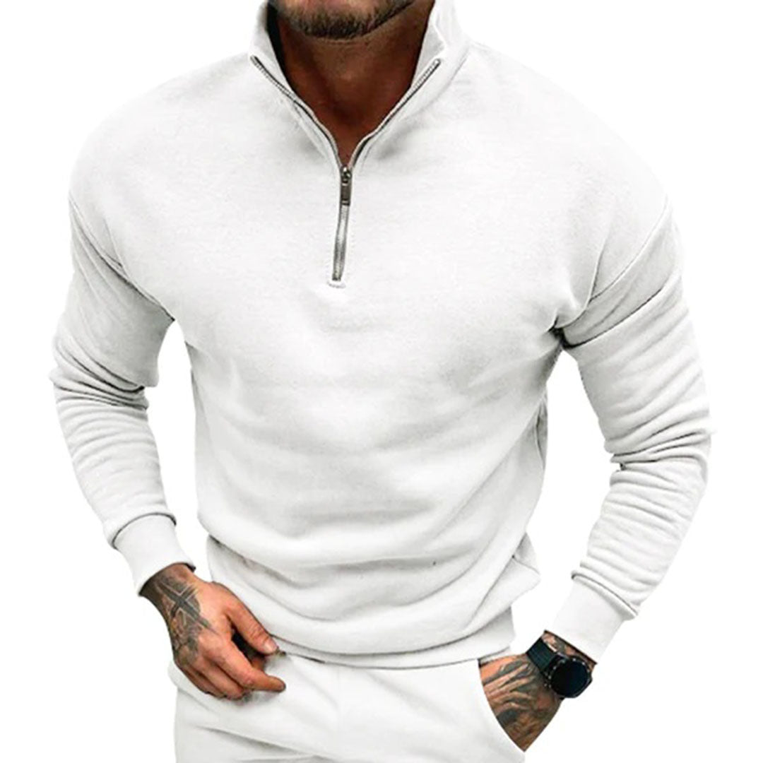 Sweater til mænd med halv lynlås, høj krave og ribbede manchetter