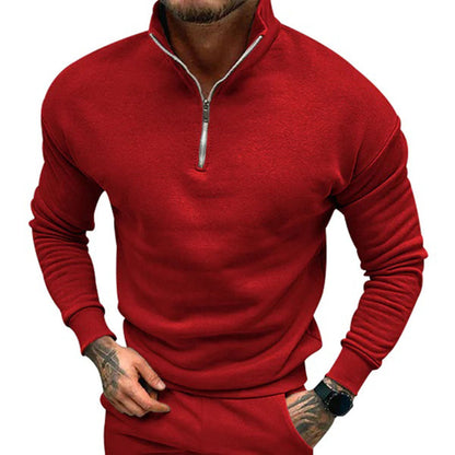 Sweater til mænd med halv lynlås, høj krave og ribbede manchetter