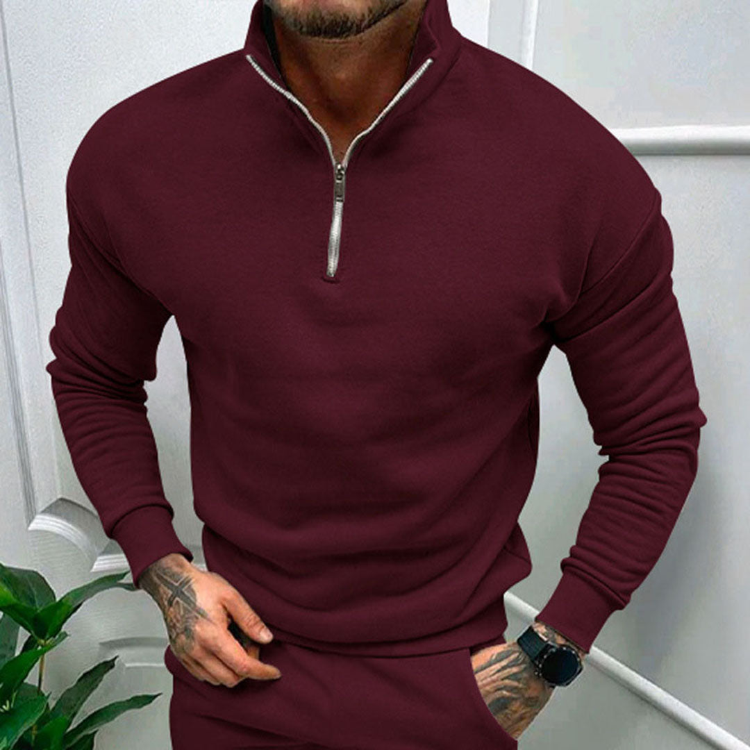 Sweater til mænd med halv lynlås, høj krave og ribbede manchetter