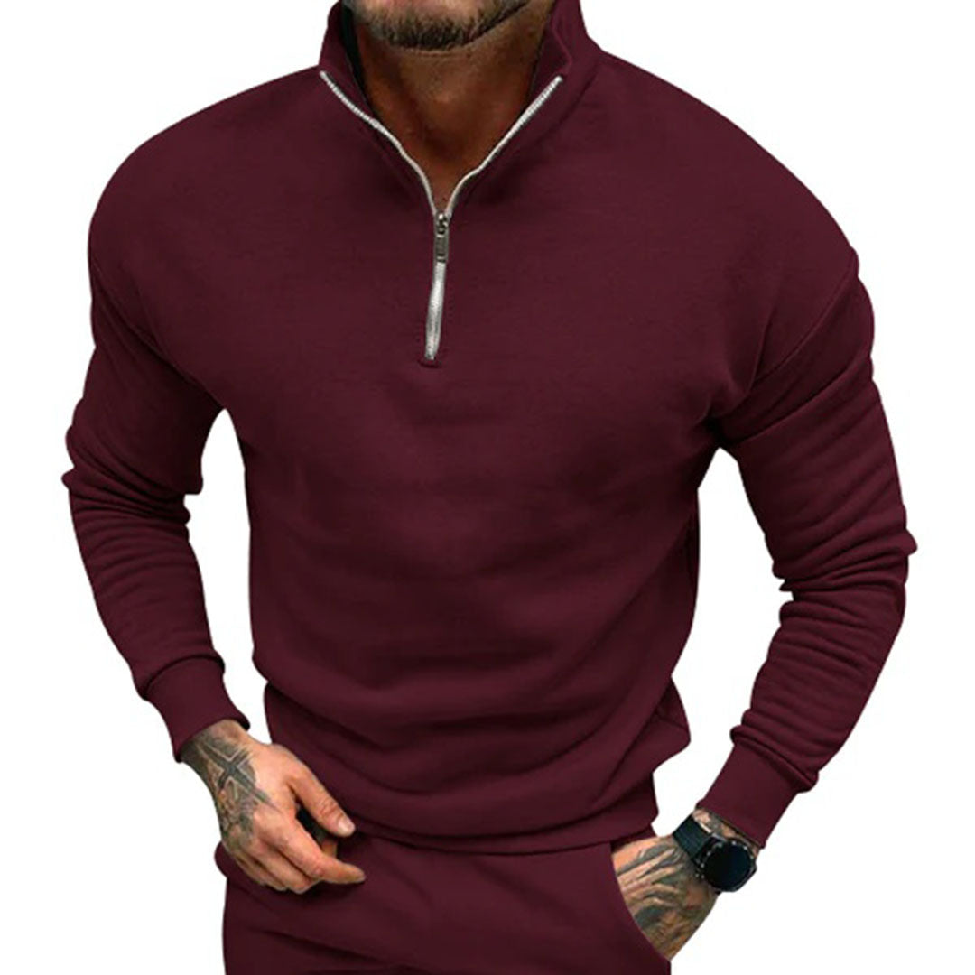 Sweater til mænd med halv lynlås, høj krave og ribbede manchetter