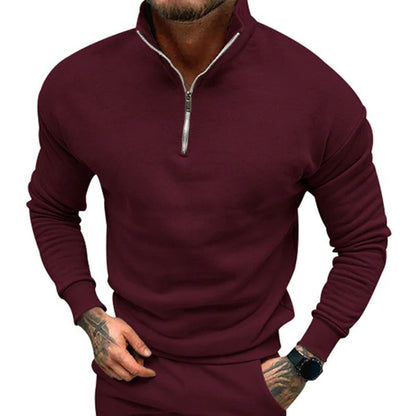 Sweater til mænd med halv lynlås, høj krave og ribbede manchetter