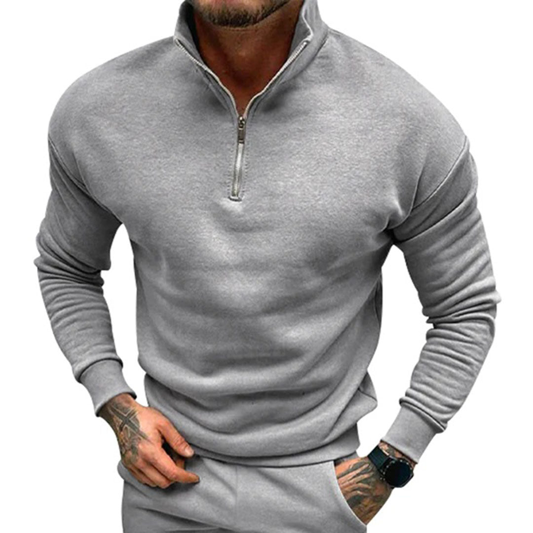 Sweater til mænd med halv lynlås, høj krave og ribbede manchetter