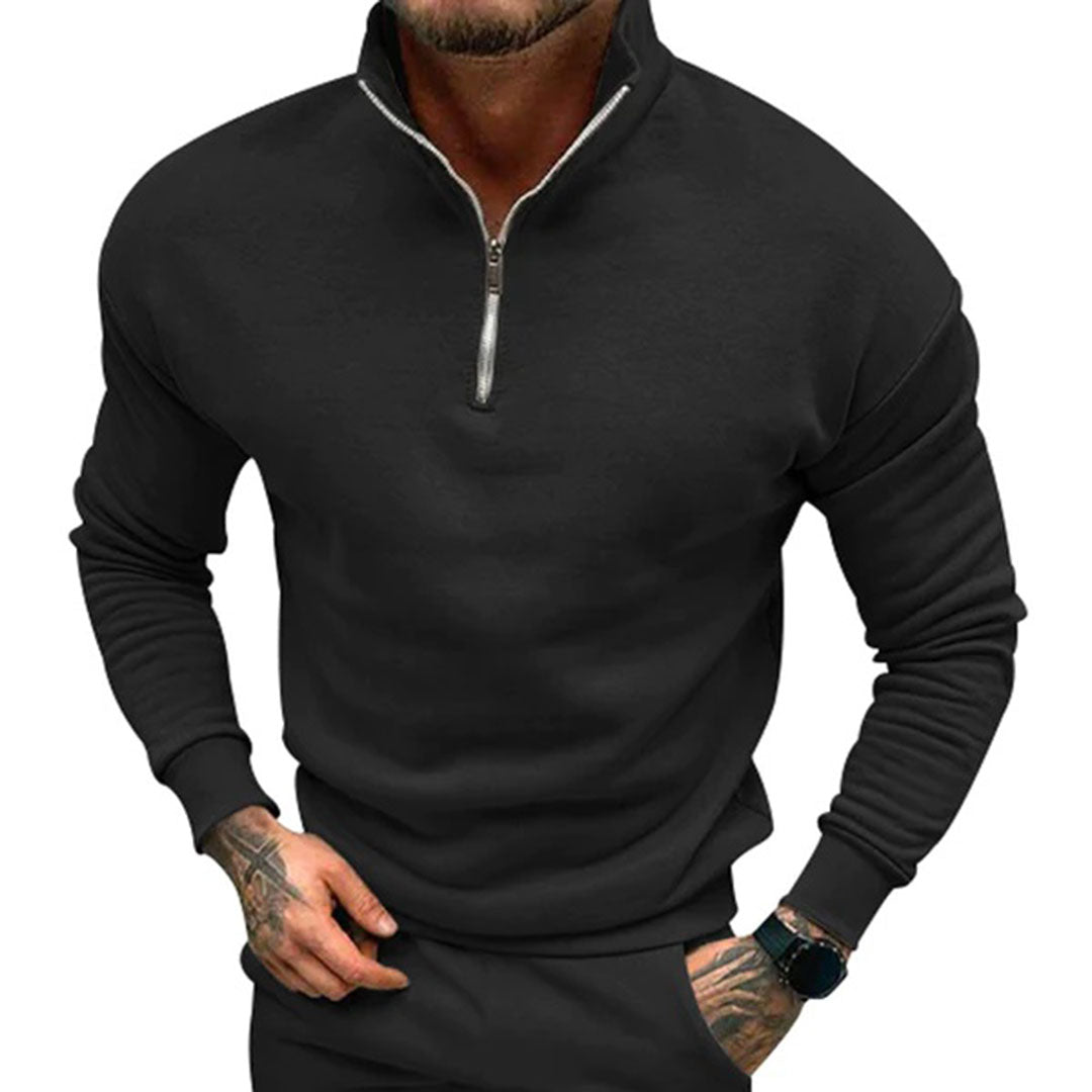 Sweater til mænd med halv lynlås, høj krave og ribbede manchetter