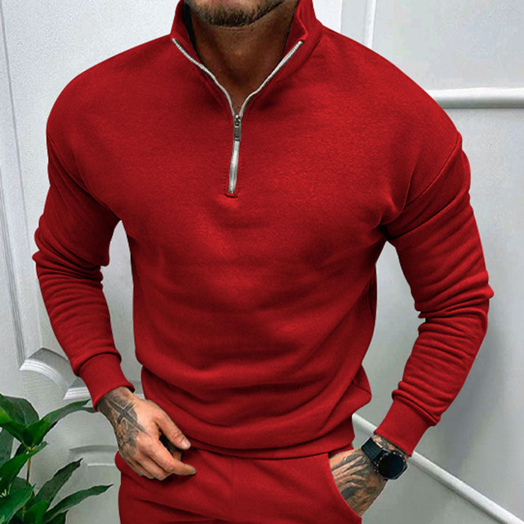 Sweater til mænd med halv lynlås, høj krave og ribbede manchetter