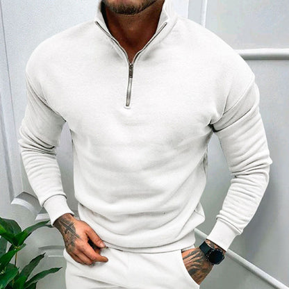 Sweater til mænd med halv lynlås, høj krave og ribbede manchetter