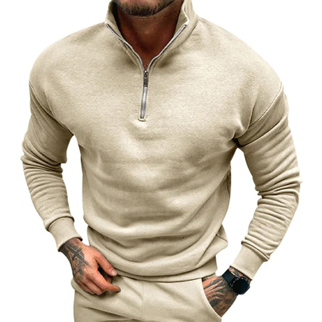Sweater til mænd med halv lynlås, høj krave og ribbede manchetter