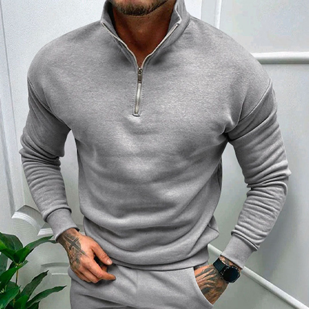 Sweater til mænd med halv lynlås, høj krave og ribbede manchetter