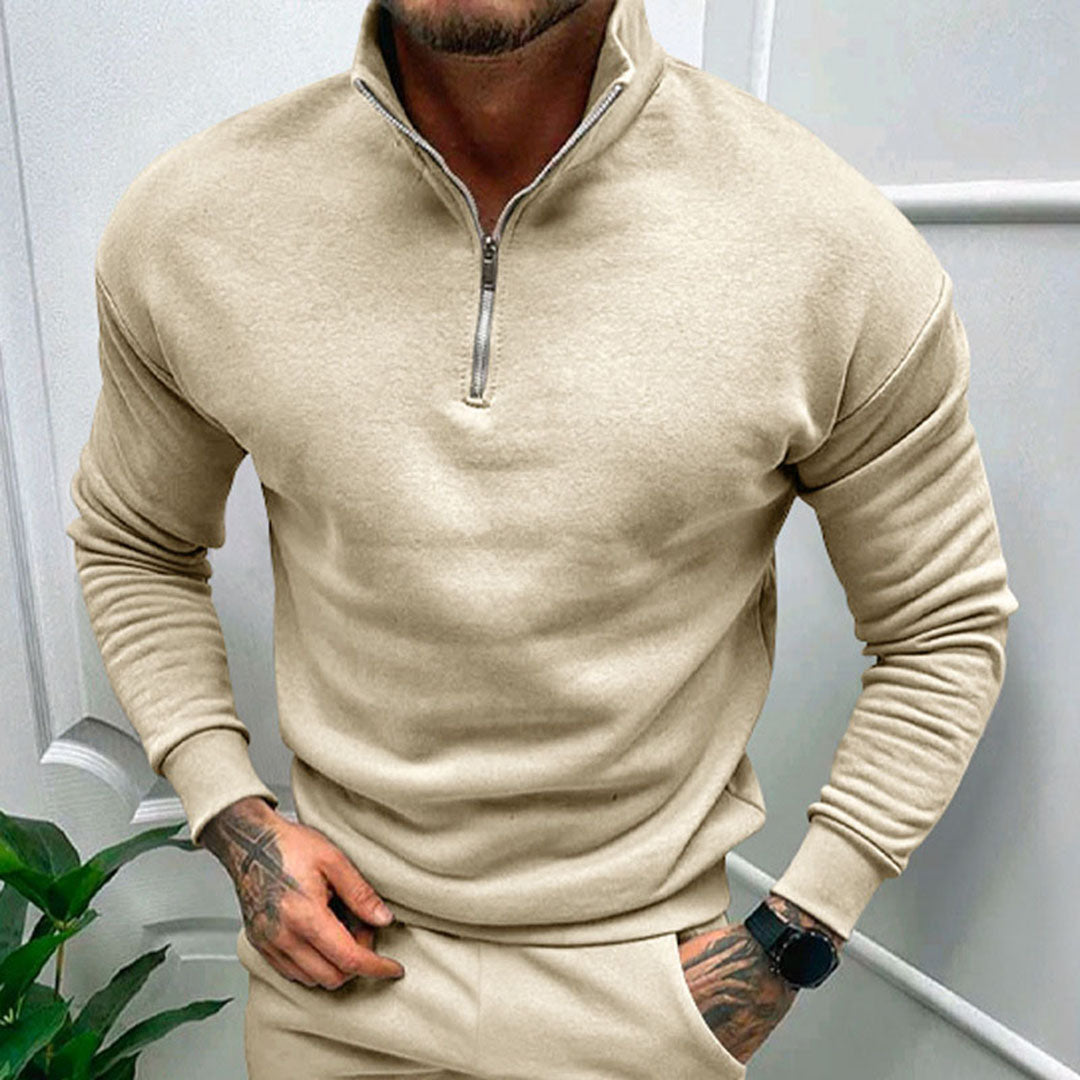 Sweater til mænd med halv lynlås, høj krave og ribbede manchetter