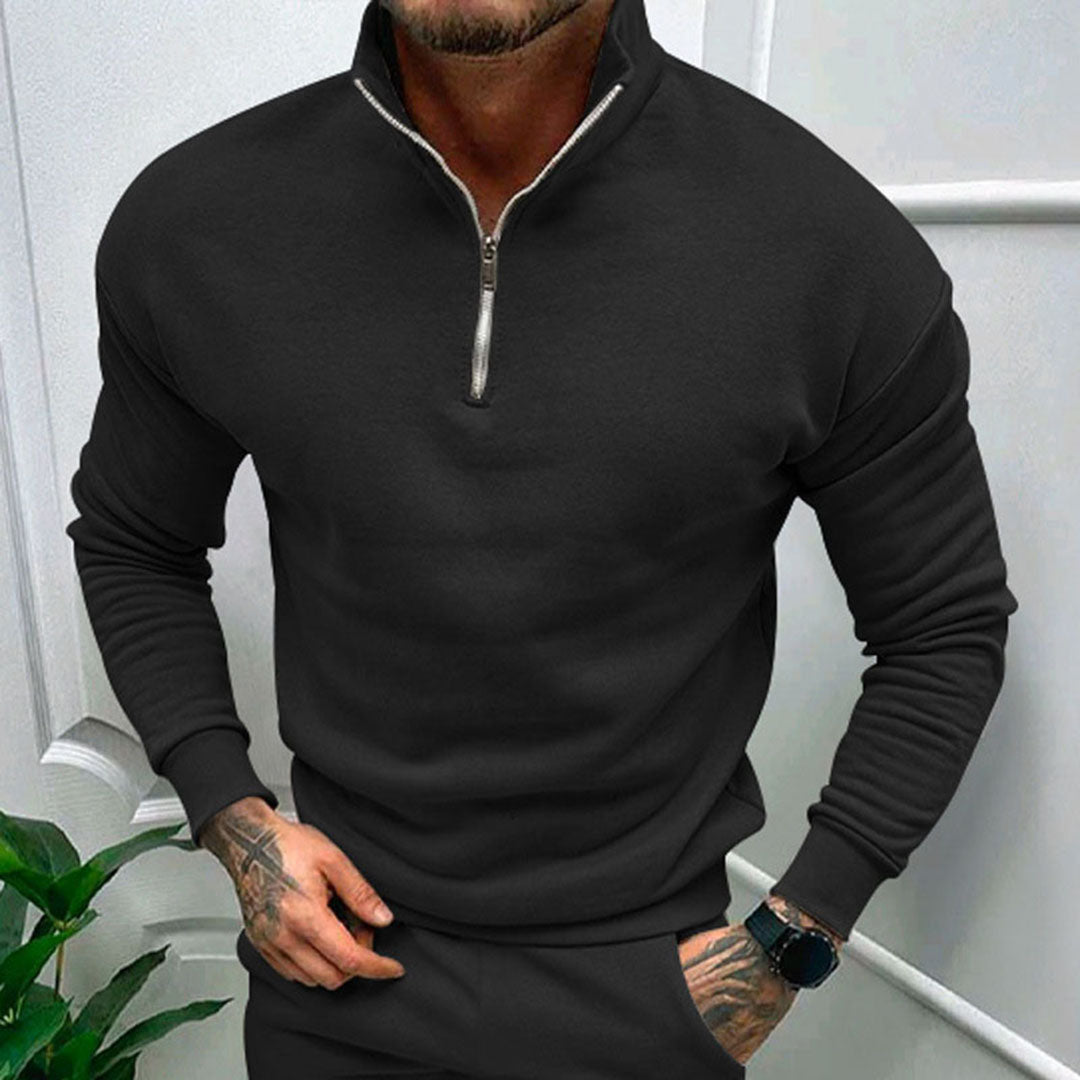 Sweater til mænd med halv lynlås, høj krave og ribbede manchetter
