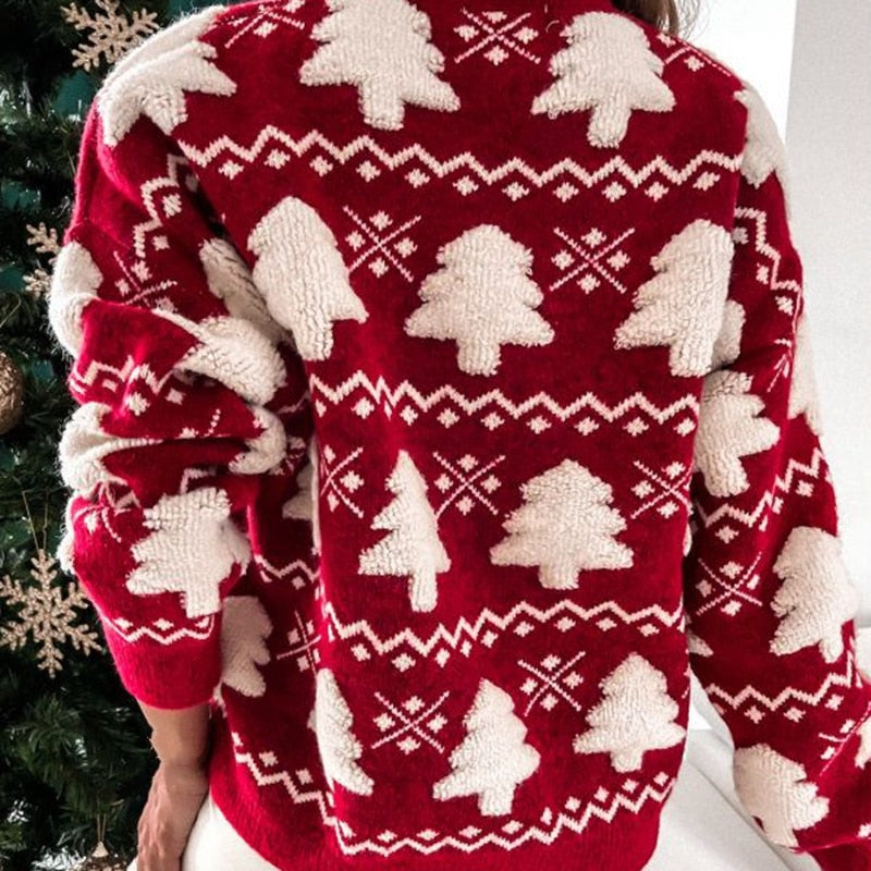 Julesweater dame med juletræsmønster, ribkanter og klassisk pasform