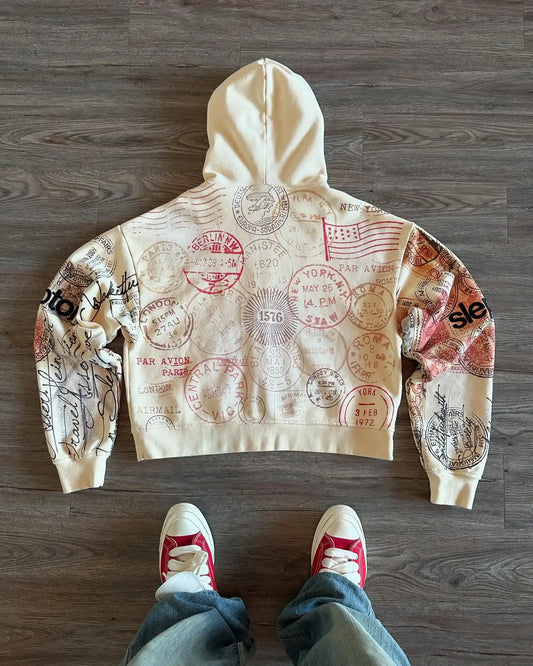Hættetrøje med lynlås og frimærkeprint – oversize hoodie til damer