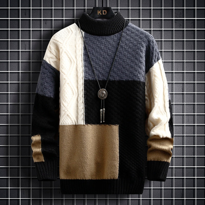 Strikket sweater til mænd med halvhøj hals og kabelstrik
