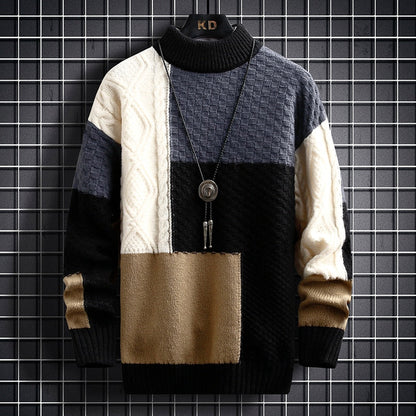 Strikket sweater til mænd med halvhøj hals og kabelstrik