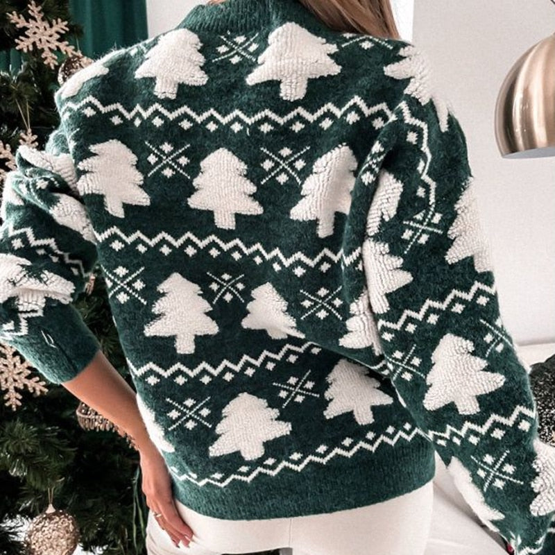 Julesweater dame med juletræsmønster, ribkanter og klassisk pasform