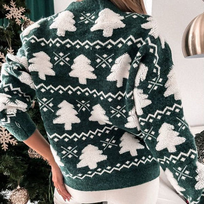Julesweater dame med juletræsmønster, ribkanter og klassisk pasform