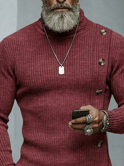 Sweater med høj hals, ribstrik og knapper i siden til herre