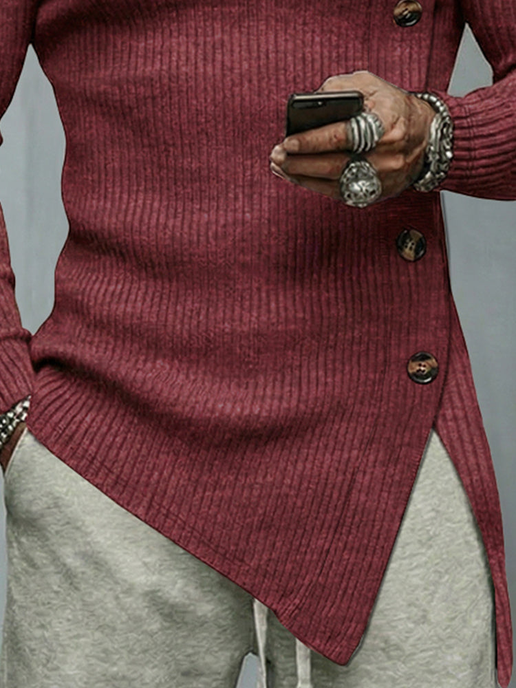Sweater med høj hals, ribstrik og knapper i siden til herre