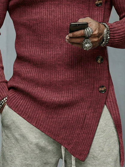 Sweater med høj hals, ribstrik og knapper i siden til herre