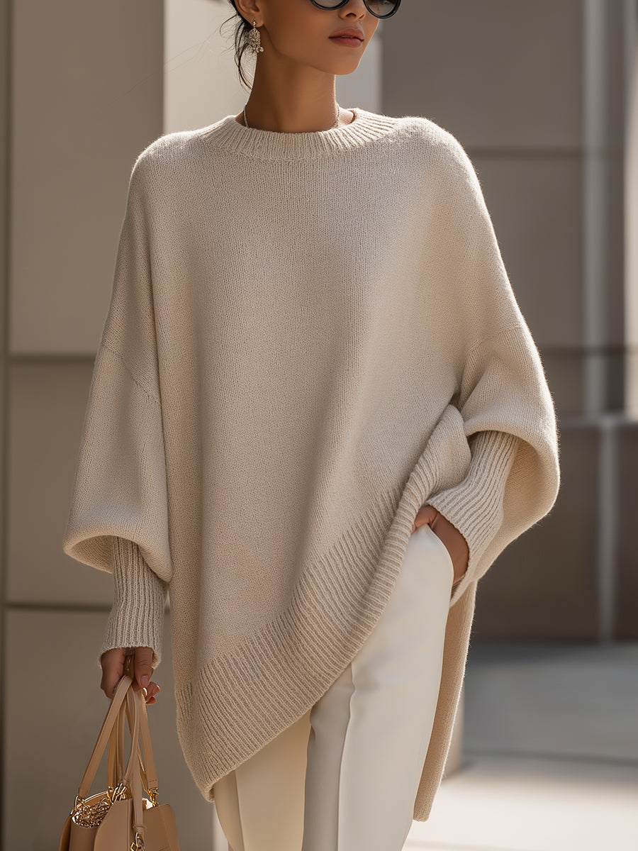 Oversized sweater med rund hals og ribkanter til damer