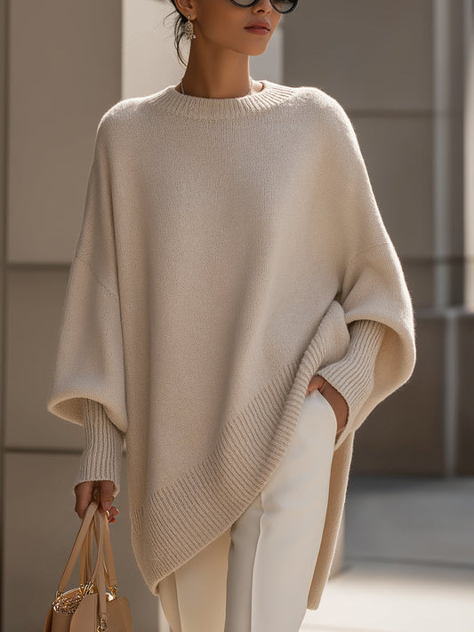 Oversized sweater med rund hals og ribkanter til damer