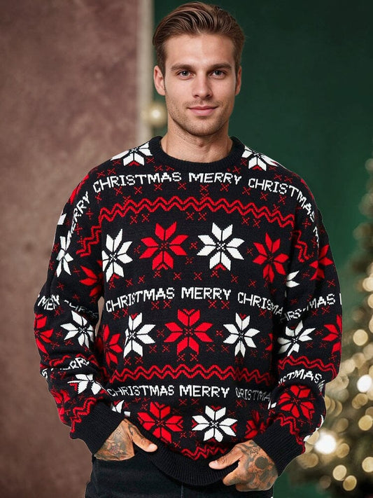 Julesweater med rund hals og lange ærmer til mænd med snefnug og julemotiv