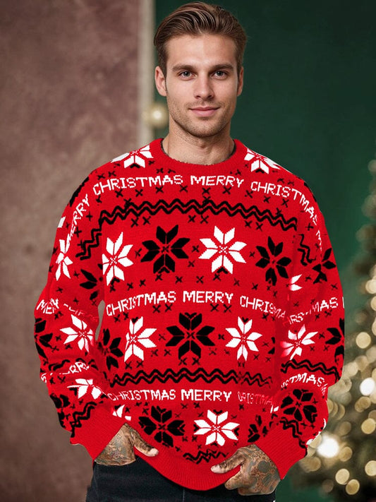 Julesweater med rund hals og lange ærmer til mænd med snefnug og julemotiv
