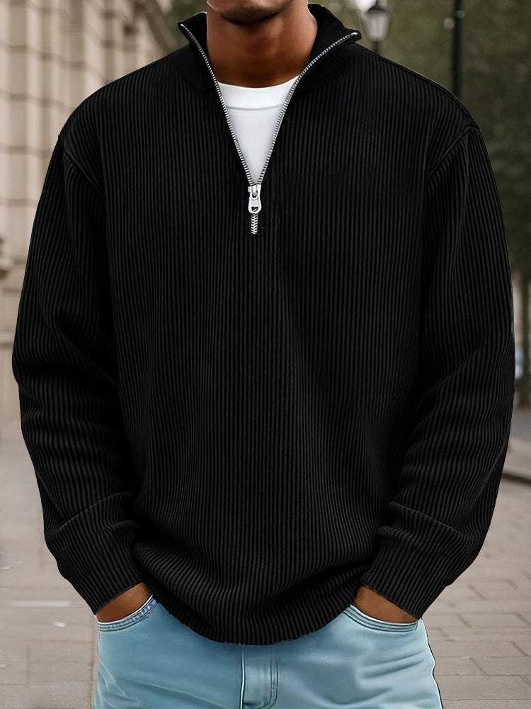 Ribbet sweater til mænd med halv lynlås, høj krave og løs pasform