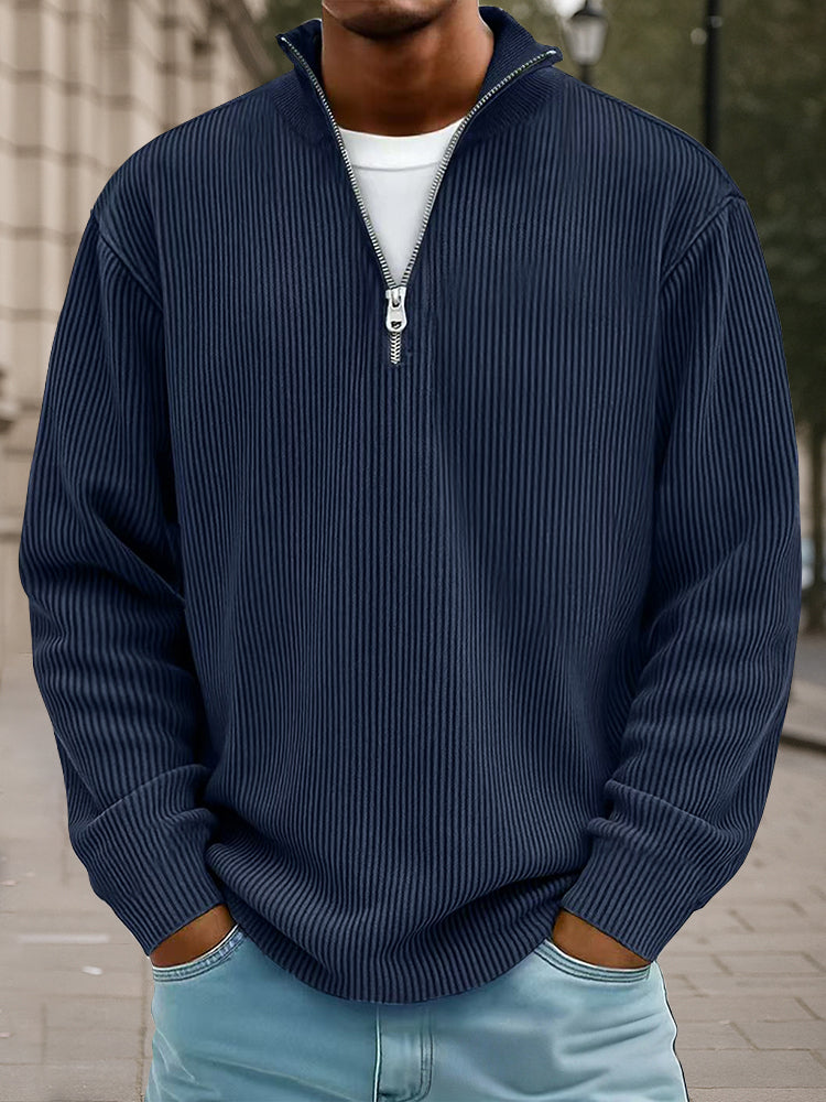 Ribbet sweater til mænd med halv lynlås, høj krave og løs pasform