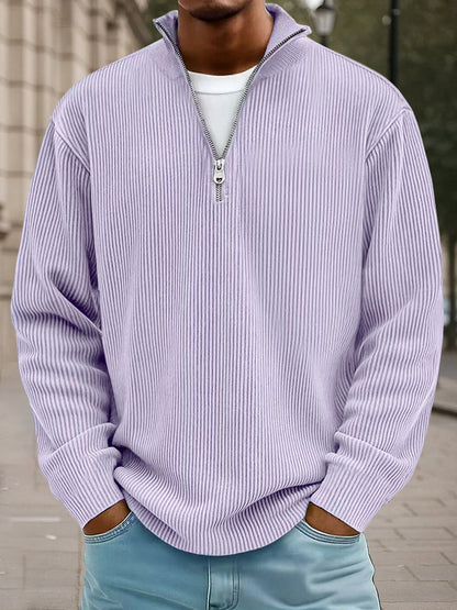 Ribbet sweater til mænd med halv lynlås, høj krave og løs pasform