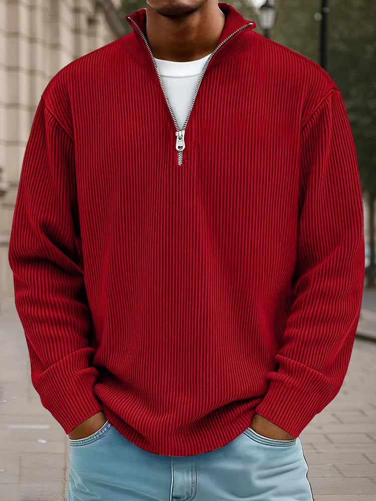 Ribbet sweater til mænd med halv lynlås, høj krave og løs pasform