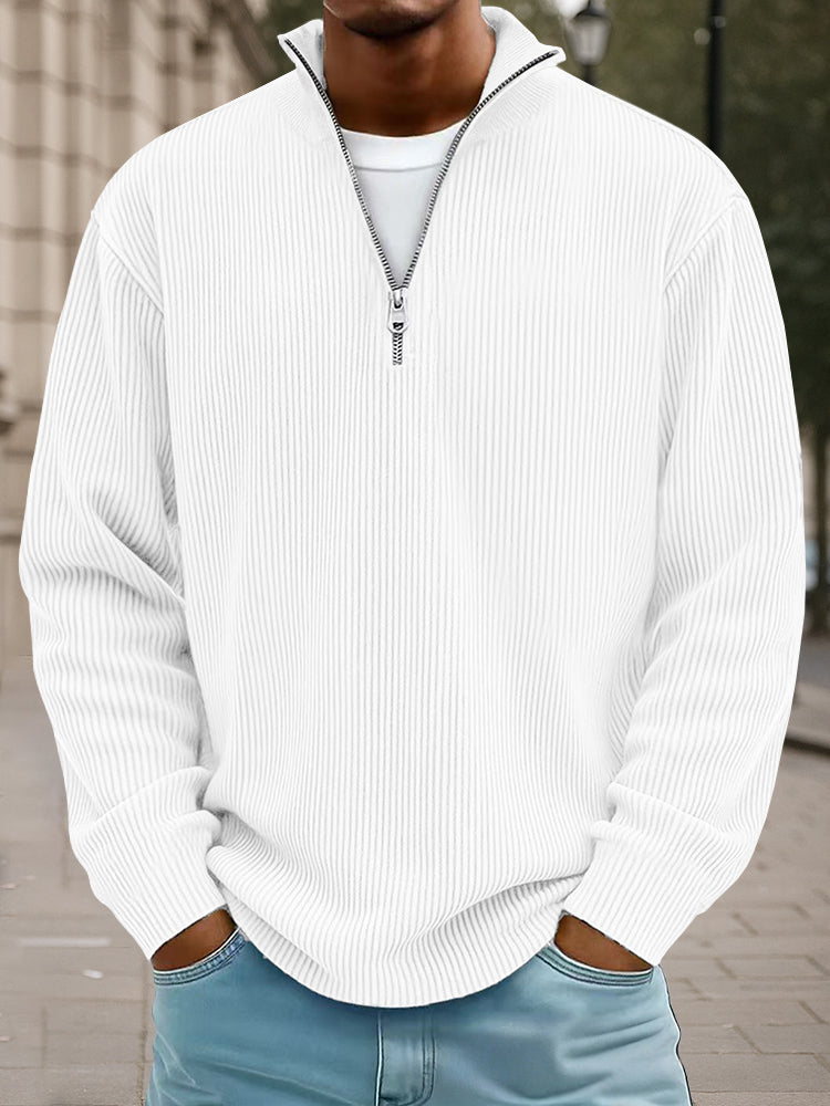 Ribbet sweater til mænd med halv lynlås, høj krave og løs pasform