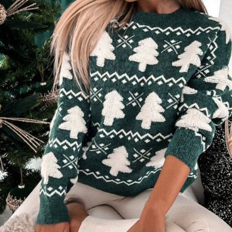 Julesweater dame med juletræsmønster, ribkanter og klassisk pasform