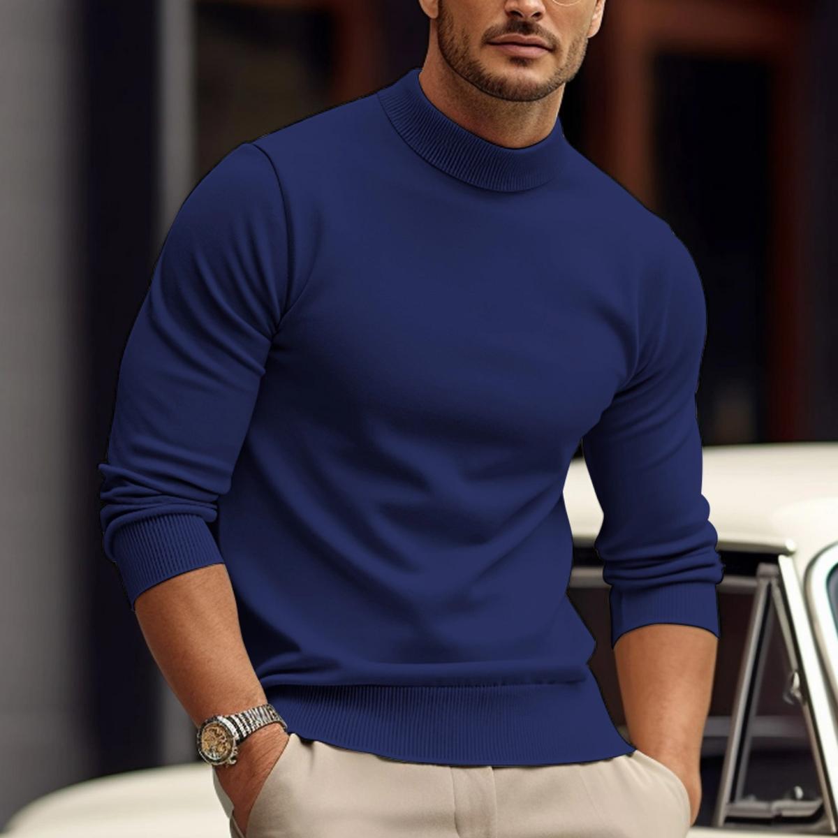 Sweater med høj hals til mænd i slim fit med lange ærmer