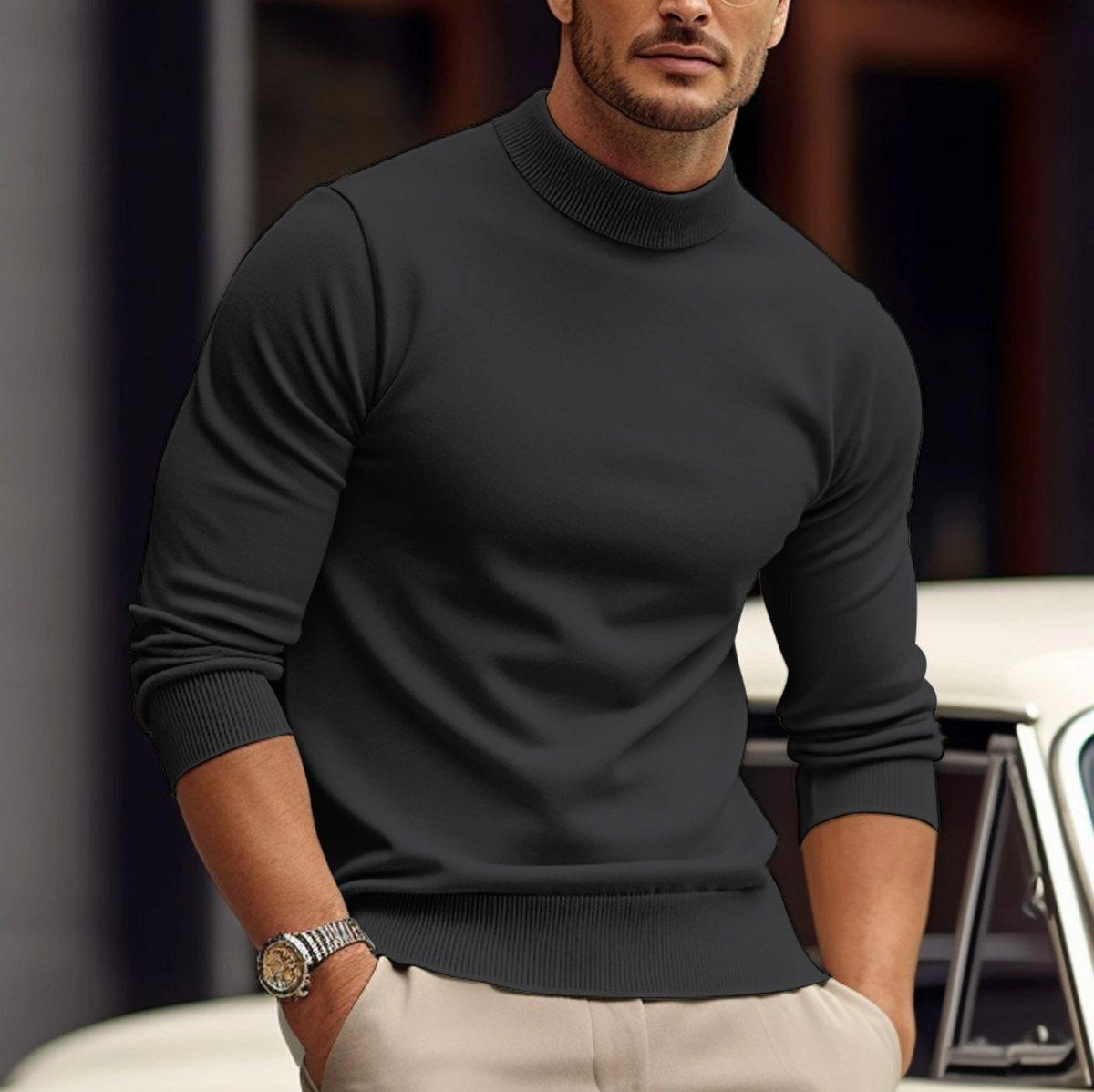 Sweater med høj hals til mænd i slim fit med lange ærmer