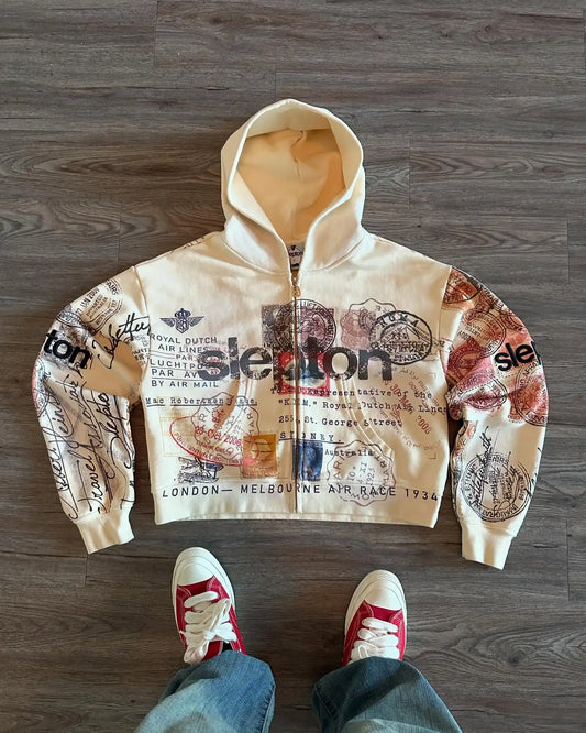 Hættetrøje med lynlås og frimærkeprint – oversize hoodie til damer
