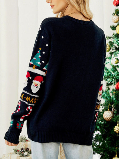 Julesweater dame med rund hals og julemotiver i løs pasform