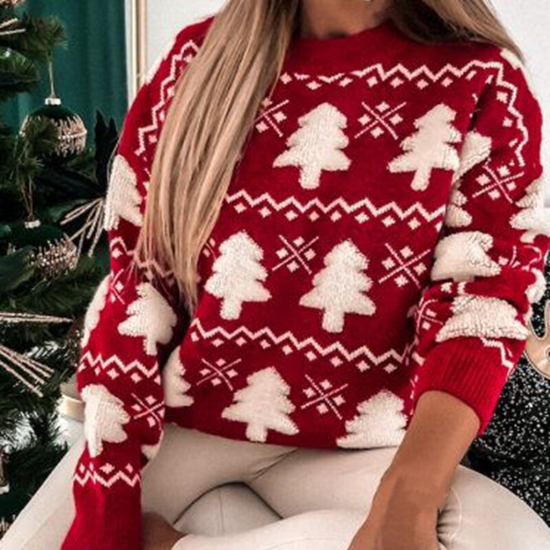 Julesweater dame med juletræsmønster, ribkanter og klassisk pasform