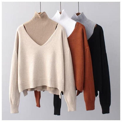 Sweater med V-hals og rullekrave, langærmet strik til damer