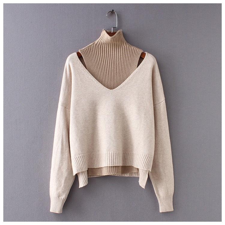 Sweater med V-hals og rullekrave, langærmet strik til damer