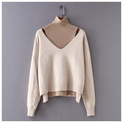 Sweater med V-hals og rullekrave, langærmet strik til damer