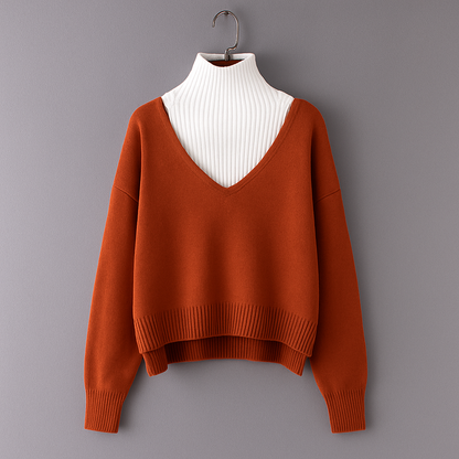 Sweater med V-hals og rullekrave, langærmet strik til damer