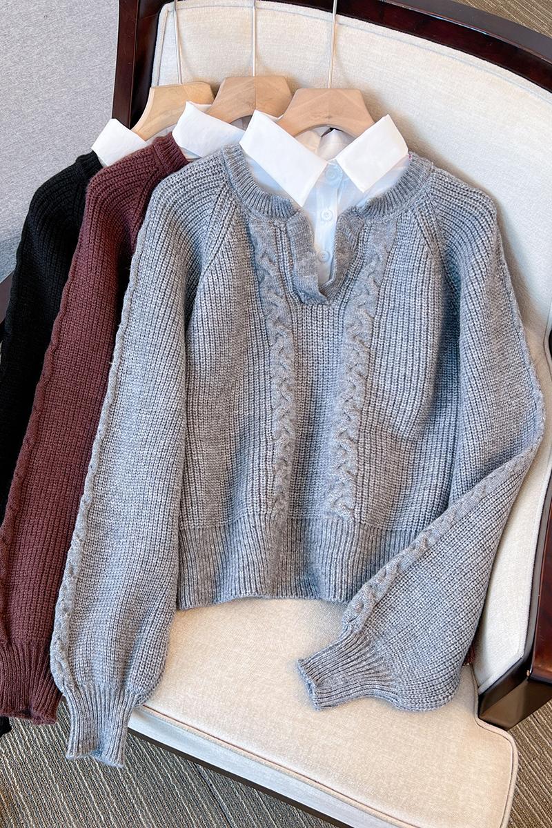 Sweater med skjortekrave og V-hals i kabelstrik til damer