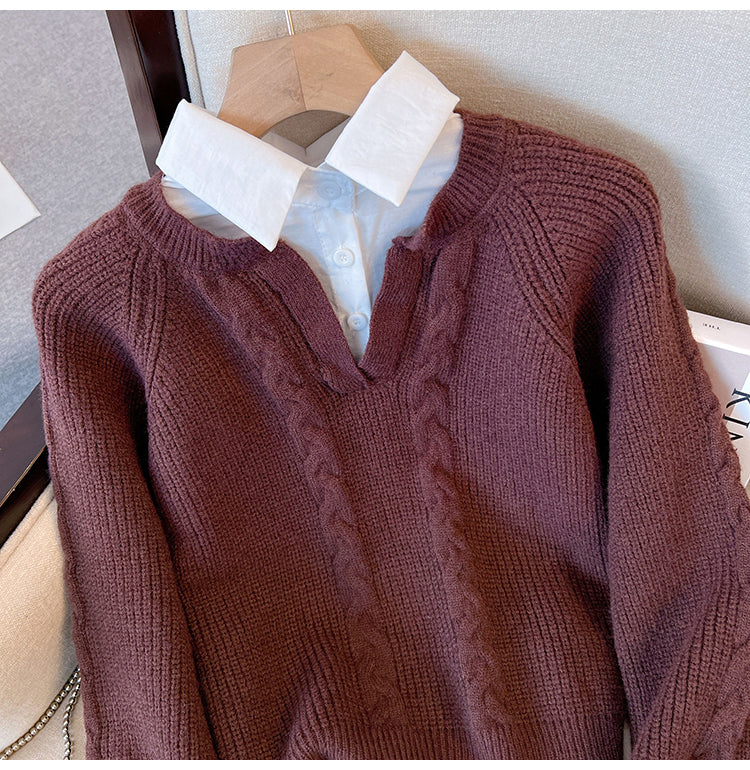 Sweater med skjortekrave og V-hals i kabelstrik til damer