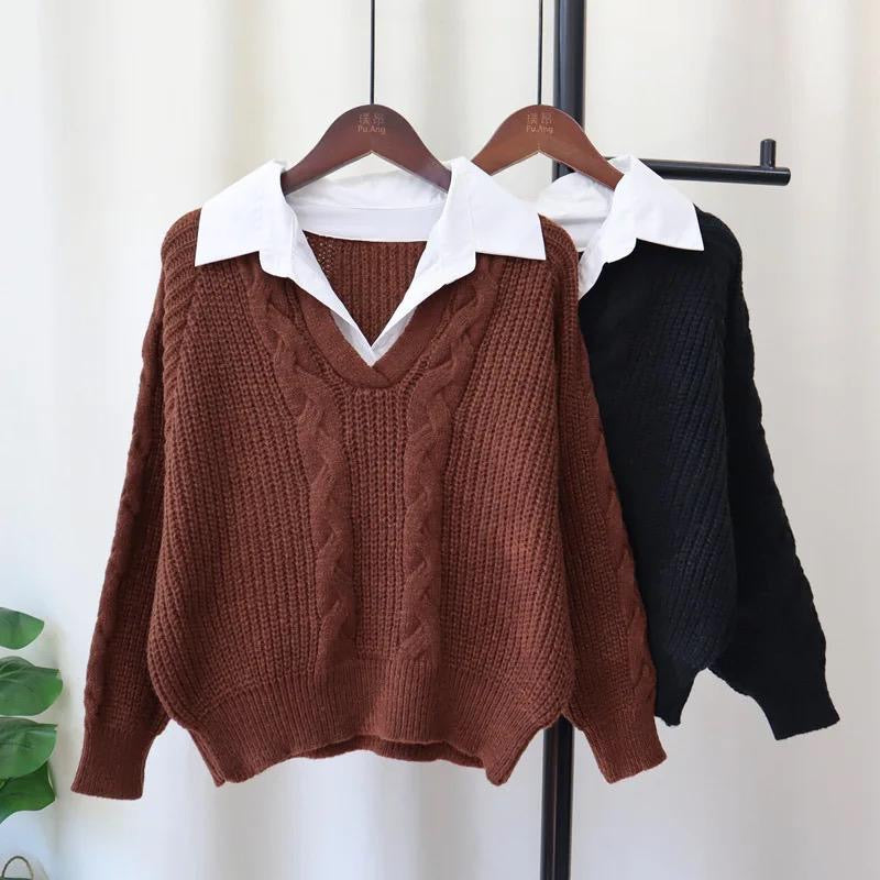 Sweater med skjortekrave og V-hals i kabelstrik til damer