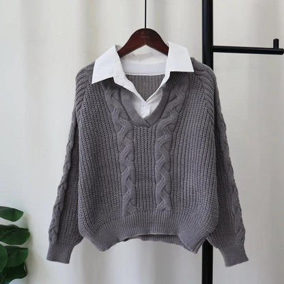 Sweater med skjortekrave og V-hals i kabelstrik til damer