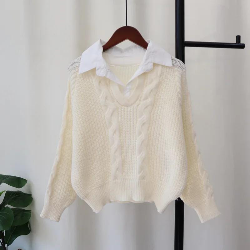 Sweater med skjortekrave og V-hals i kabelstrik til damer